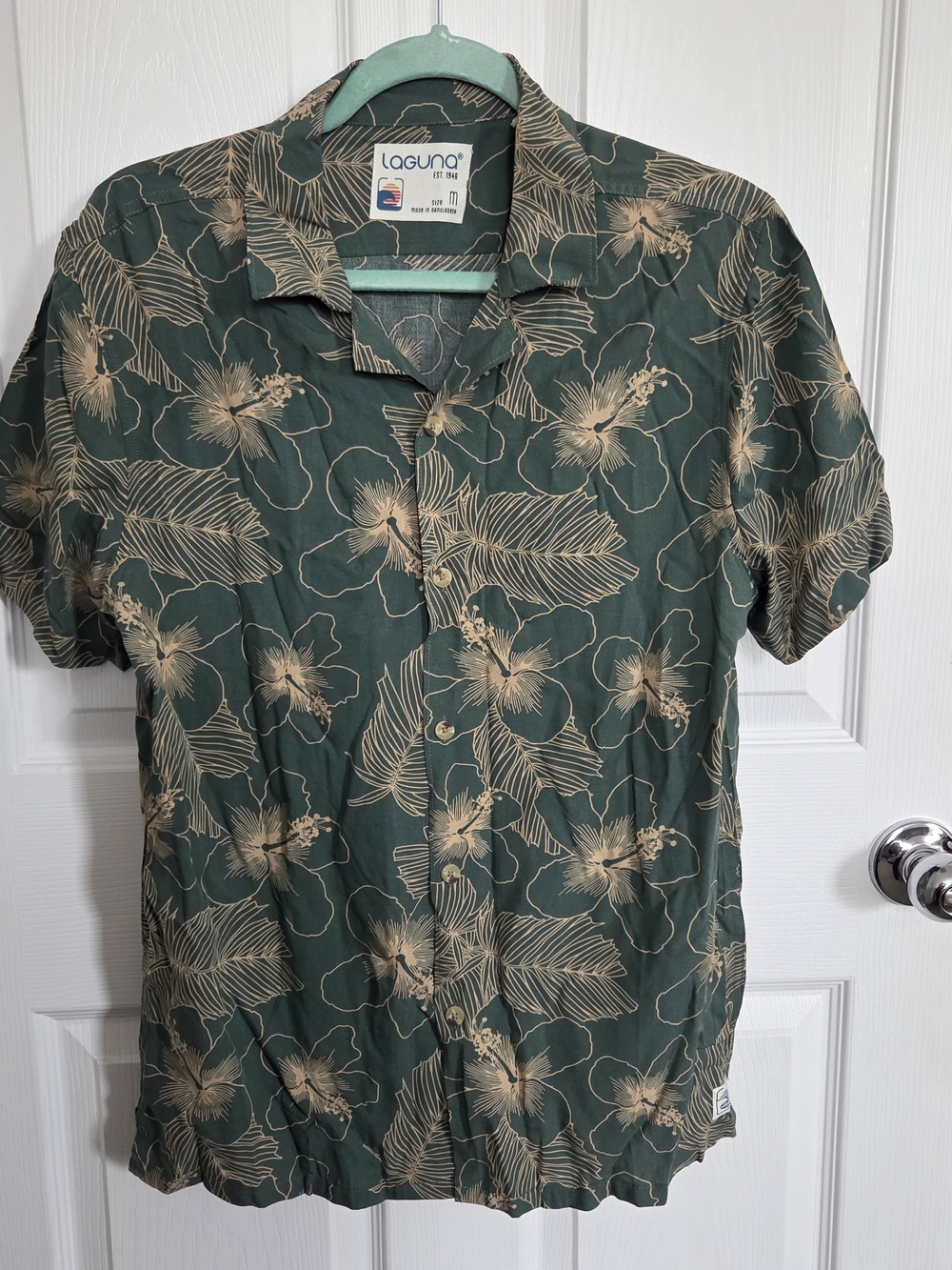 Men's Green Floral Short-Sleeve Button Shirt